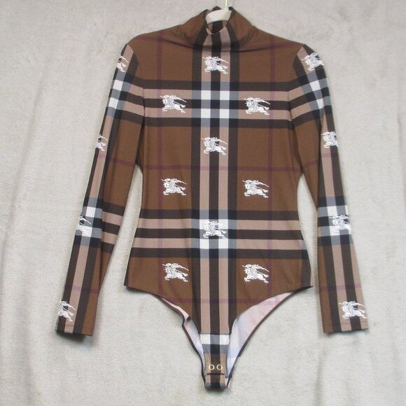 Burberry Plaid Logo-Print Check Embroidered C8 Stretch Jersey Bodysuit Sz M - Picture 9 of 17